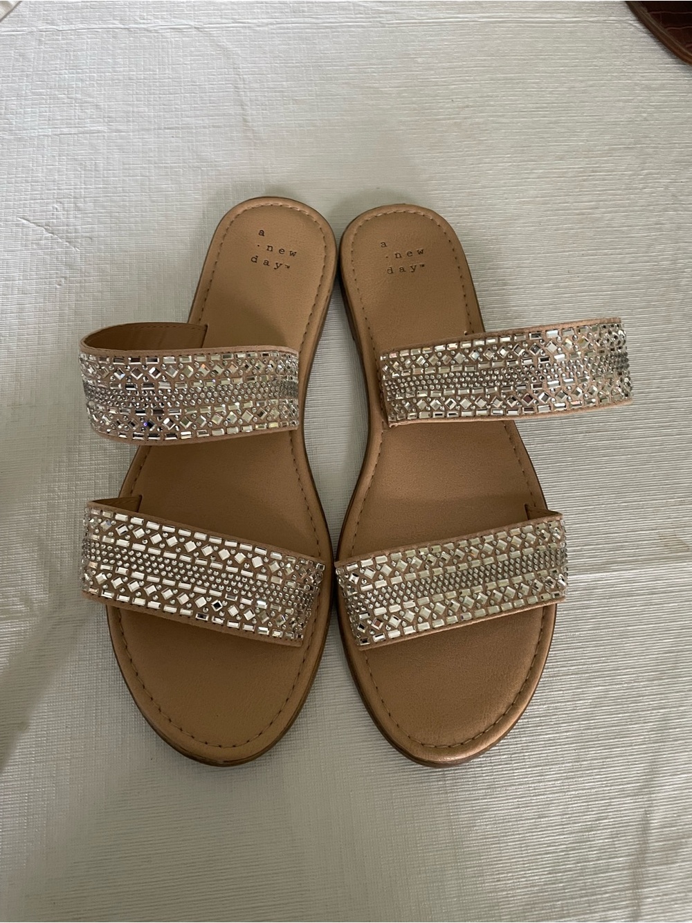a new day Tan Double-strap Slide Sandals with Rhinestone Accents
